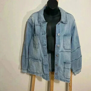 Style & Co Size Large Blue Denim Coat Jacket Women’s Patchwork design 99%cotton